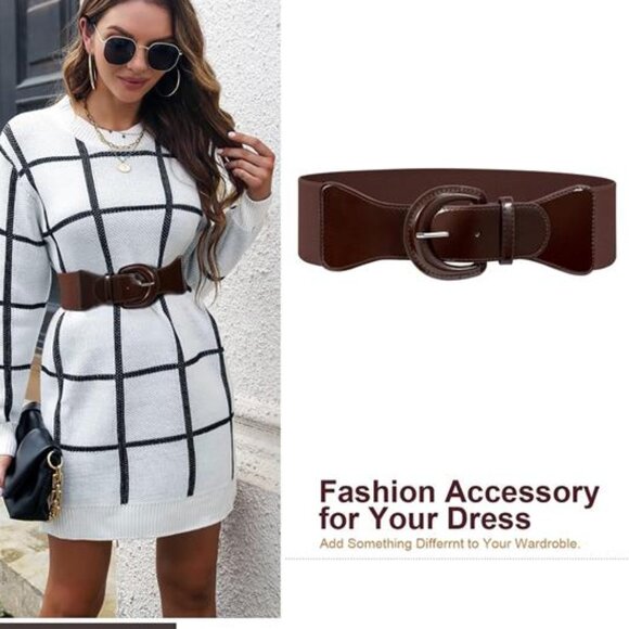 Women Wide Stretch Belt, Chunky Buckle Brown Coffee - Picture 2 of 3